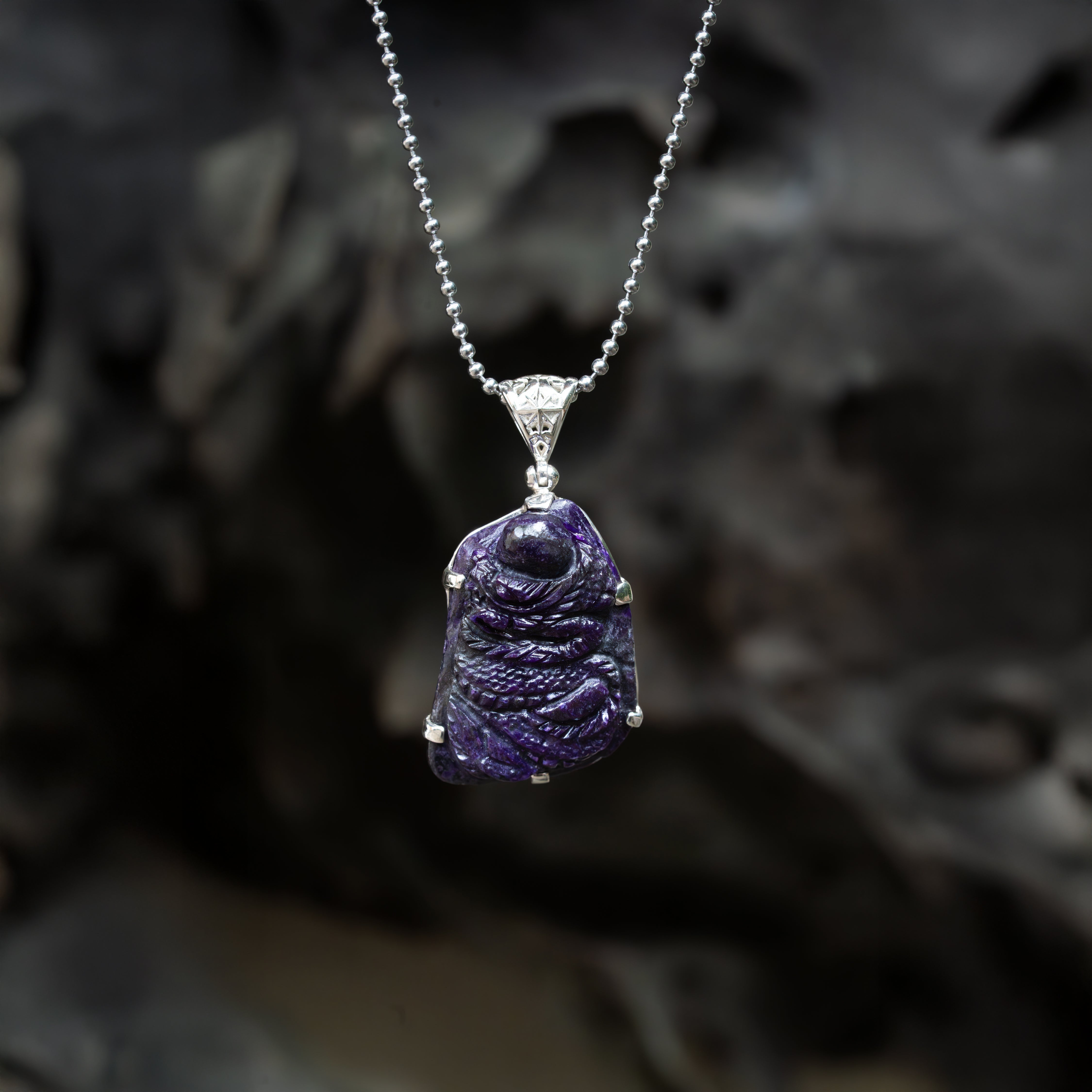 Starborn Hand-Carved Sugilite Dragon Pendant in Sterling Silver