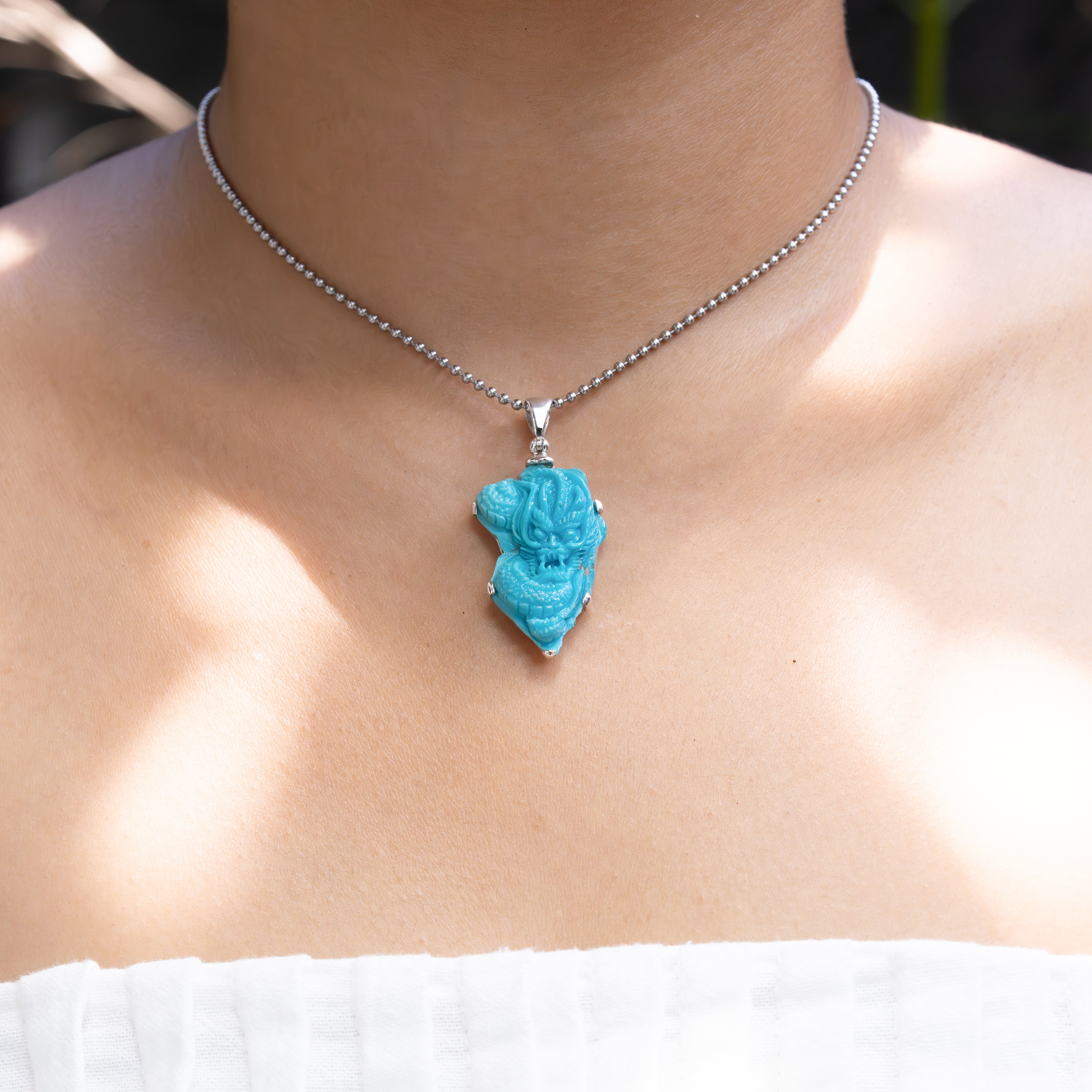 Starborn Hand-Carved Sleeping Beauty Turquoise Dragon Pendant in Sterling Silver - 1 Piece