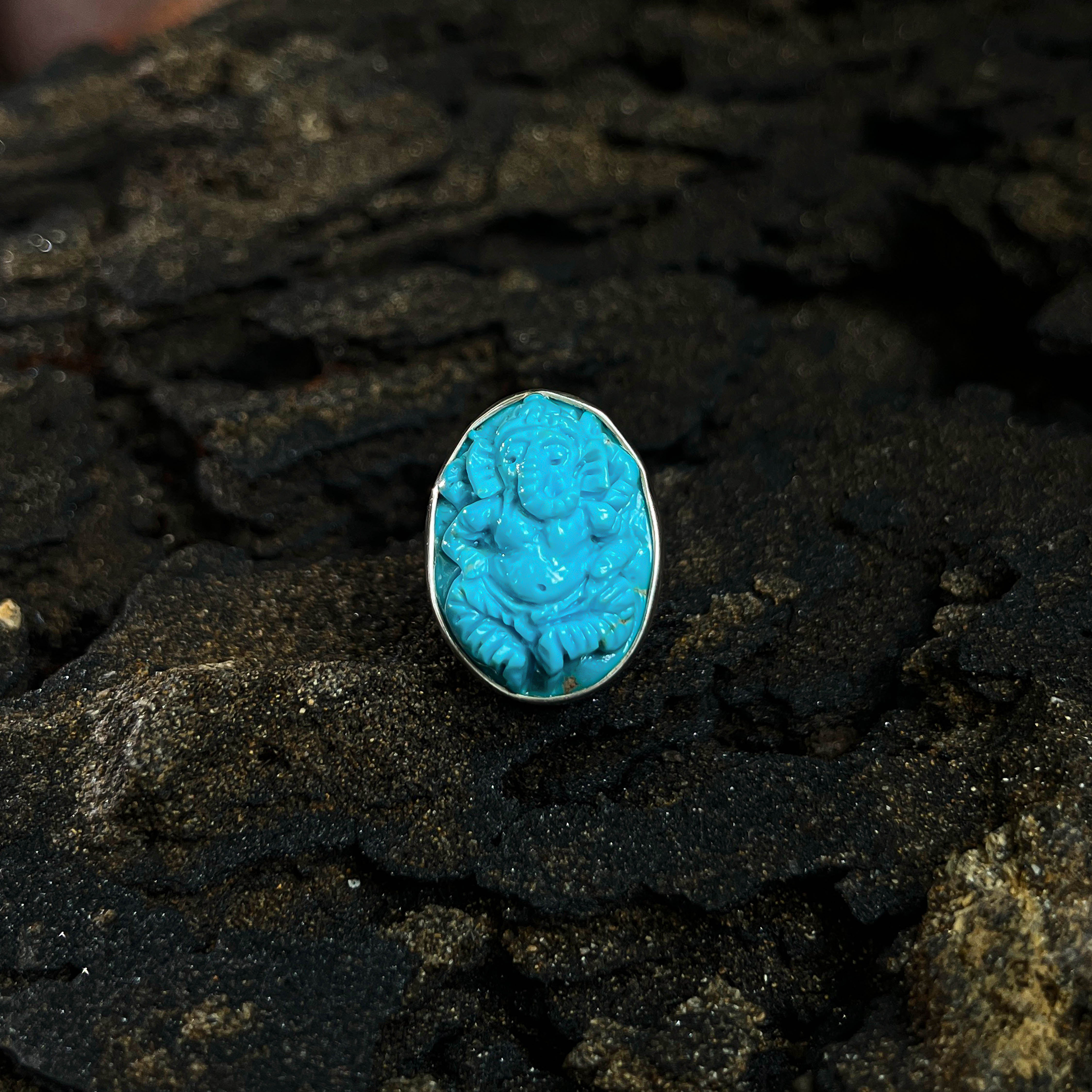 Starborn handgeschnitzter Türkis Ganesha Ring aus Sterlingsilber – Größe 6