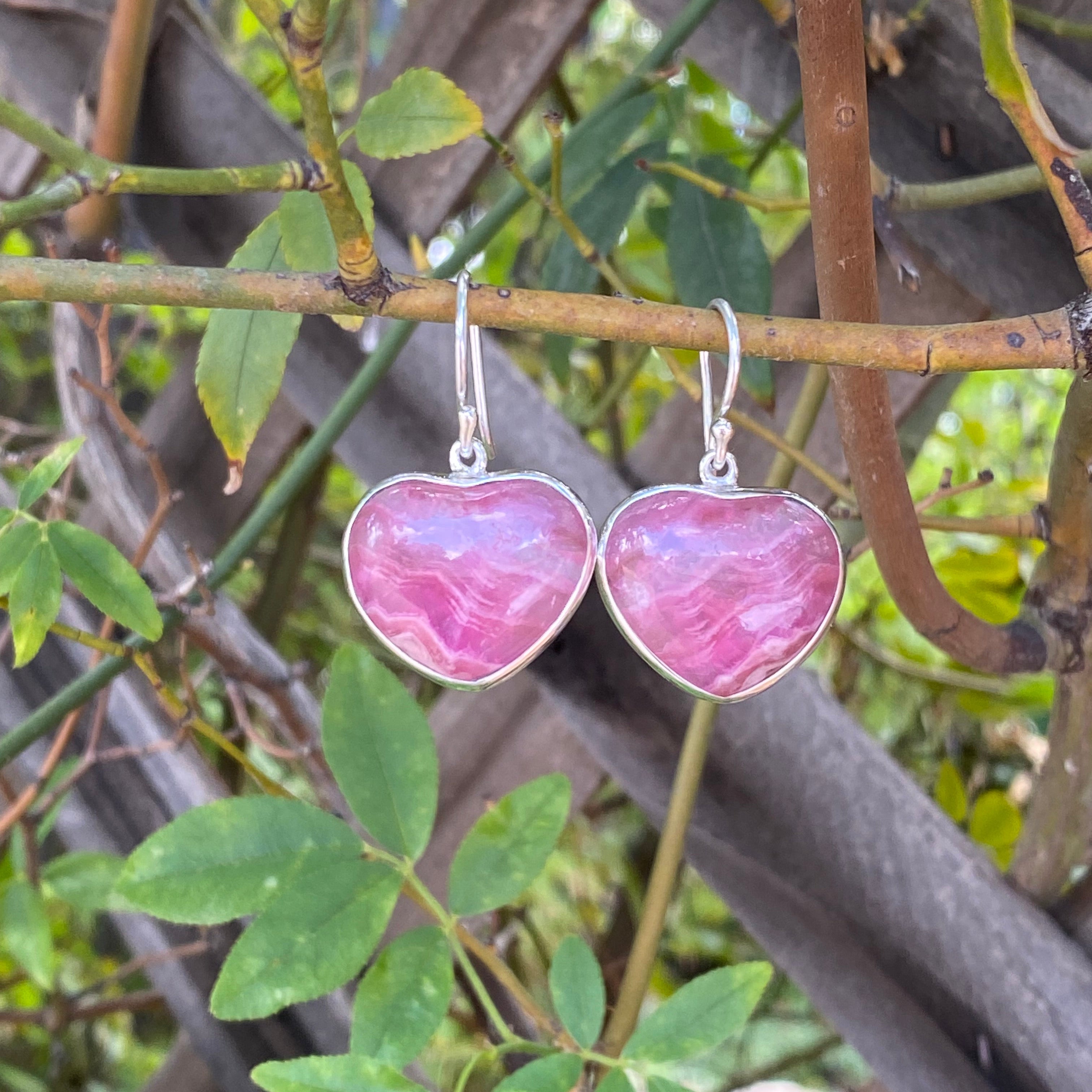 Pink Cobalto Calcite Heart Dangle Earrings in Sterlin Silver