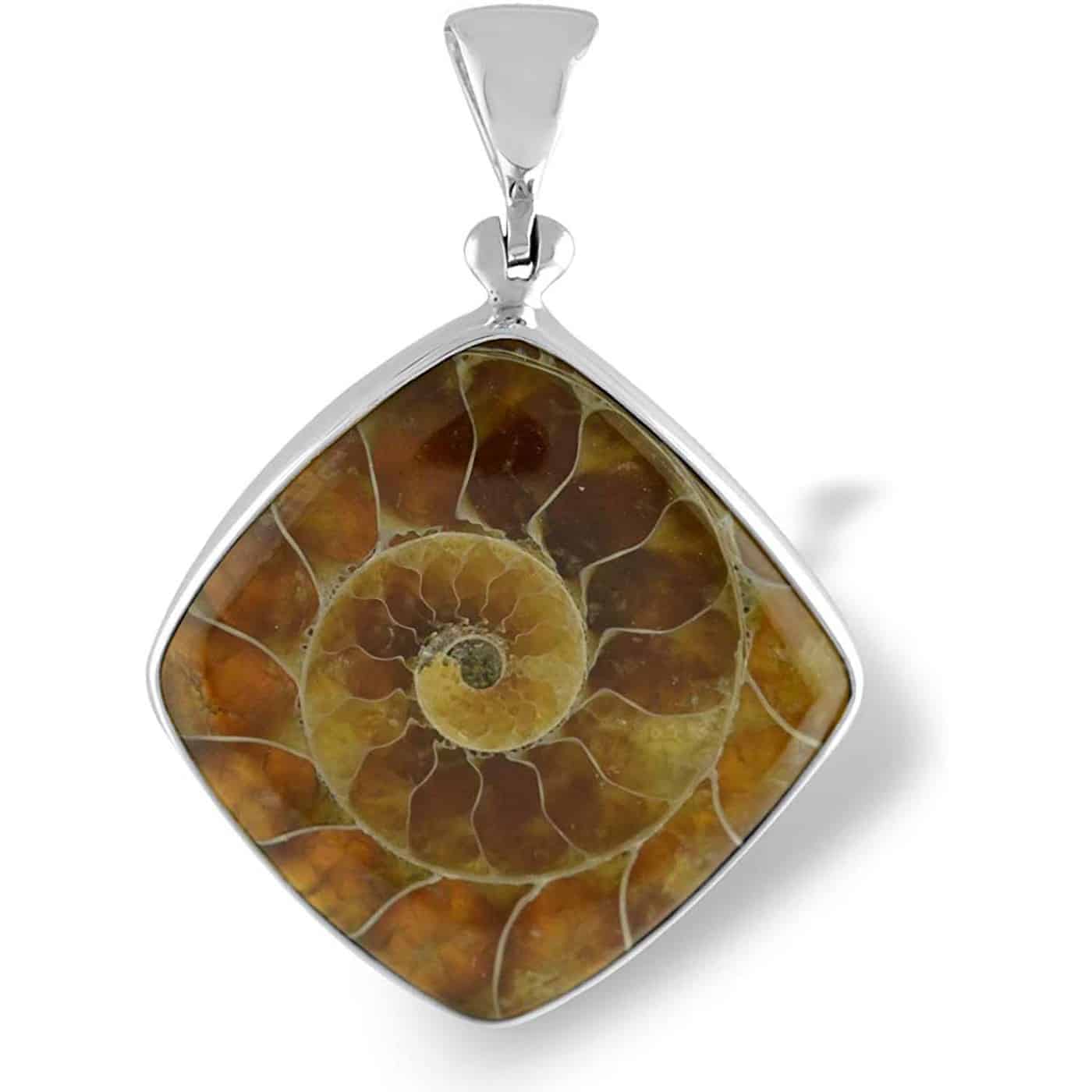 Front view of a fossilized ammonite square pendant set in bezel style sterling silver with a fixed bale. 