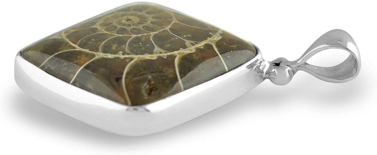 Second angled front view of the fossilized ammonite square pendant showing the spiral chamber and silver frame.