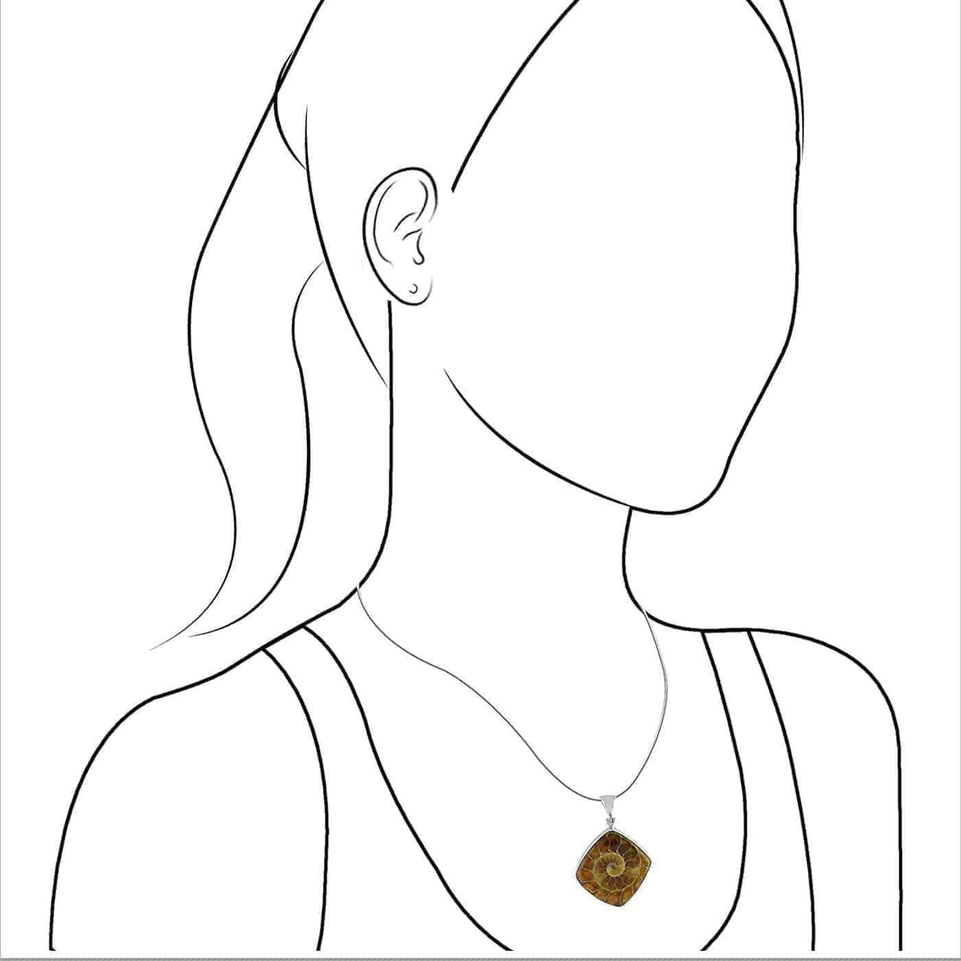 Illustration of a woman wearing the ammonite  pendant necklace for size reference.