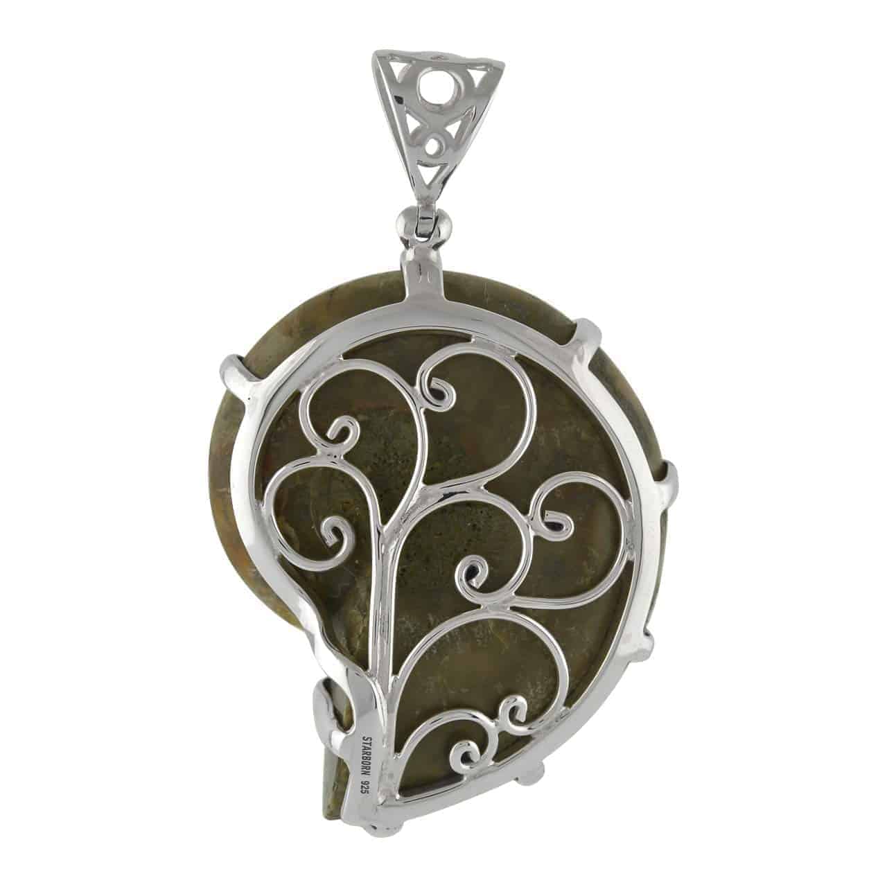 Back view of the fossilized ammonite silver pendant showing the reverse side of the shell and filigree back design.