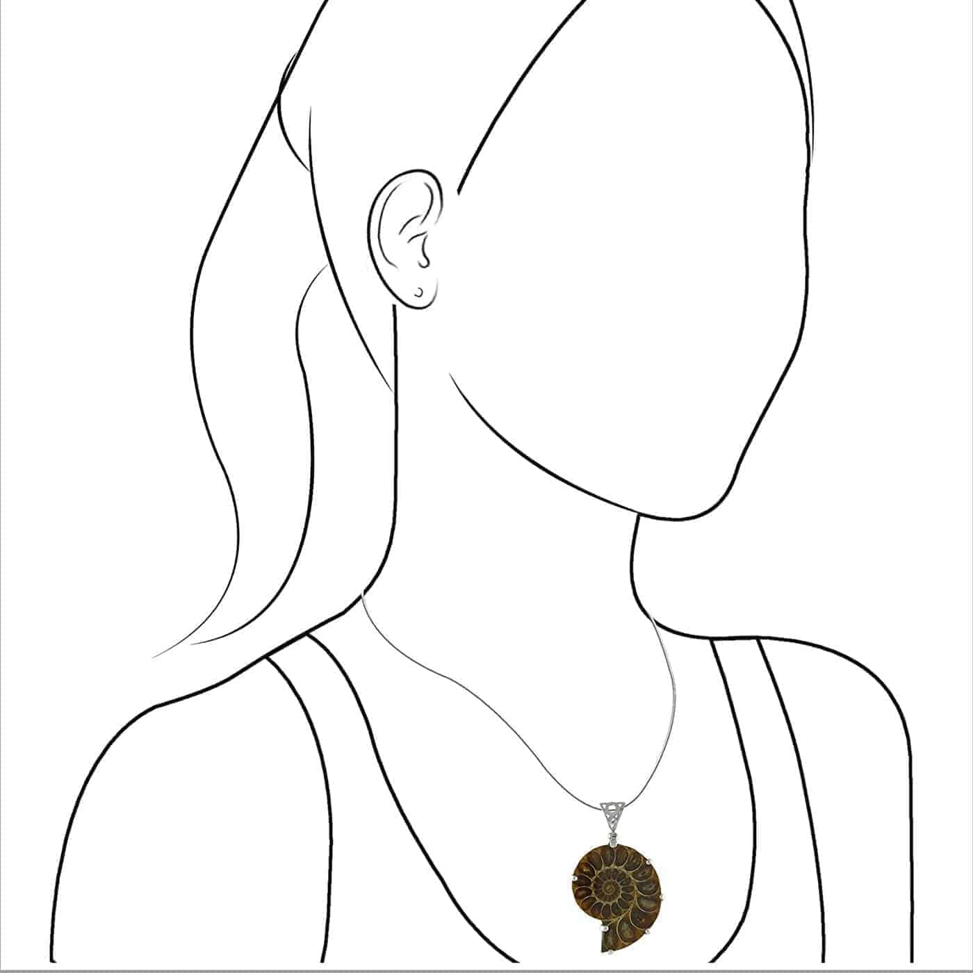 Illustration of a woman wearing the ammonite silver pendant for size reference.