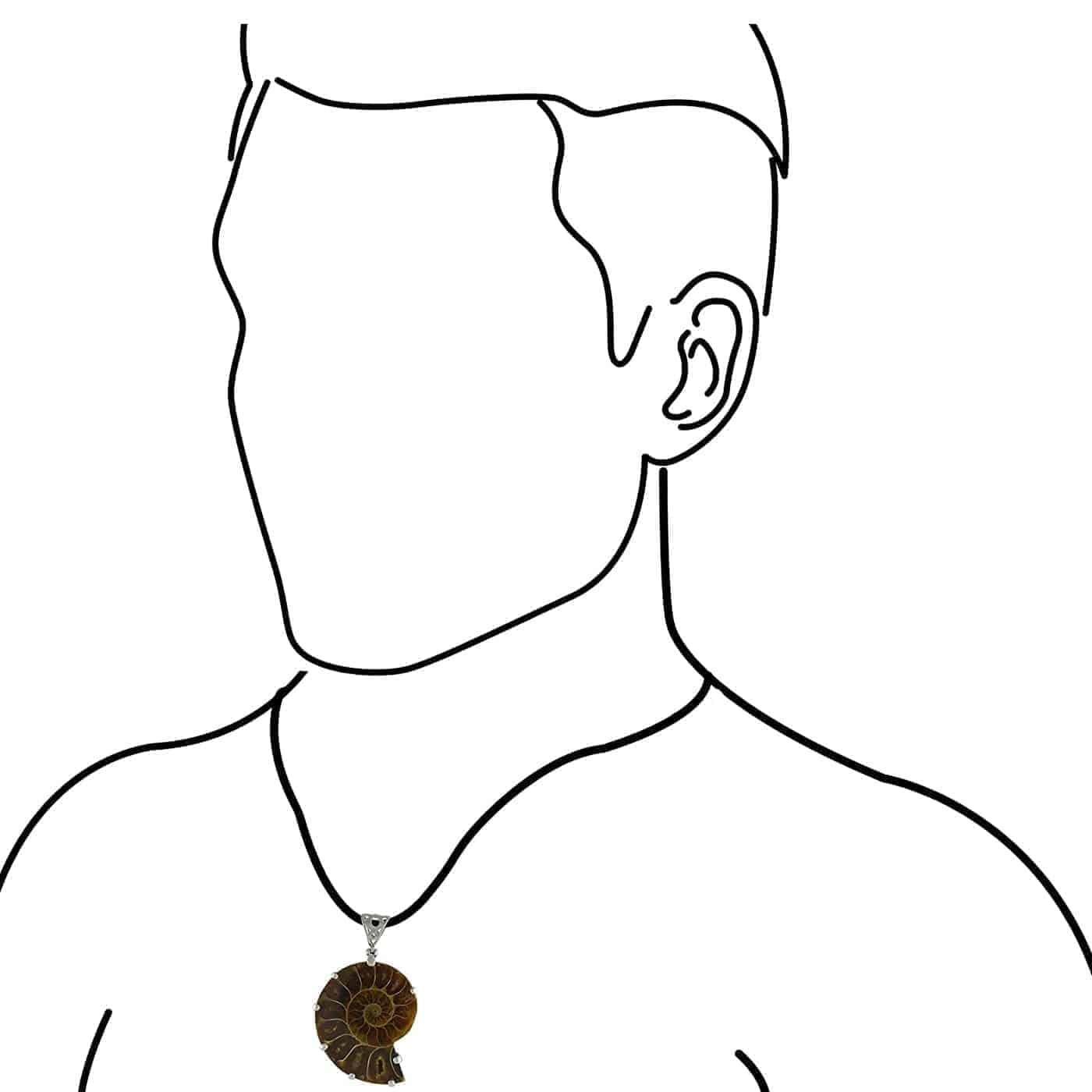 Illustration of a man wearing the ammonite silver pendant for size reference.