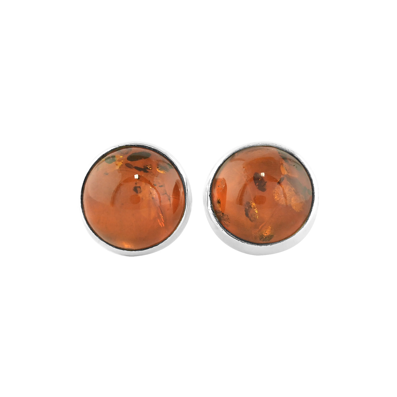 Alternate front view of silver stud earrings featuring round Baltic Amber gemstones with natural inclusions.
