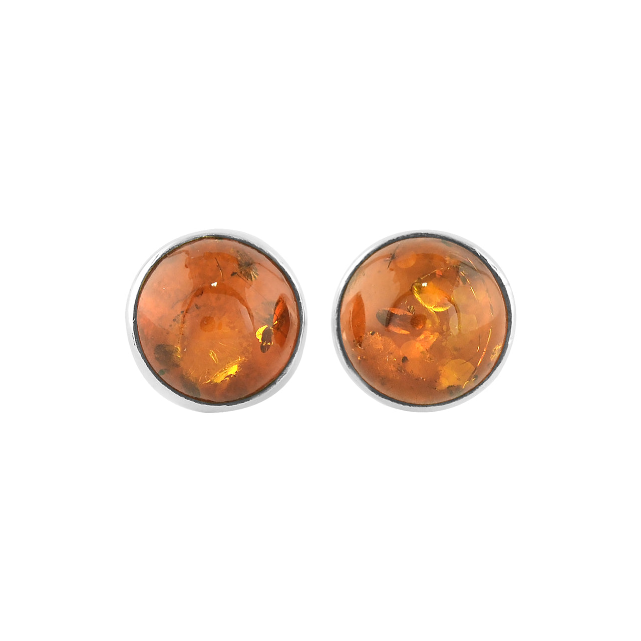 Front view of a pair of silver stud earrings featuring round Baltic Amber gemstones with natural inclusions.