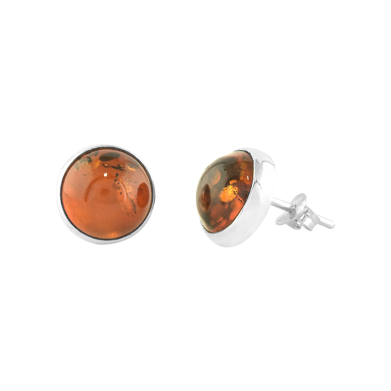 Angled view of the silver stud earrings displaying the round Baltic amber gemstones, the thickness of the setting, and the earring posts.