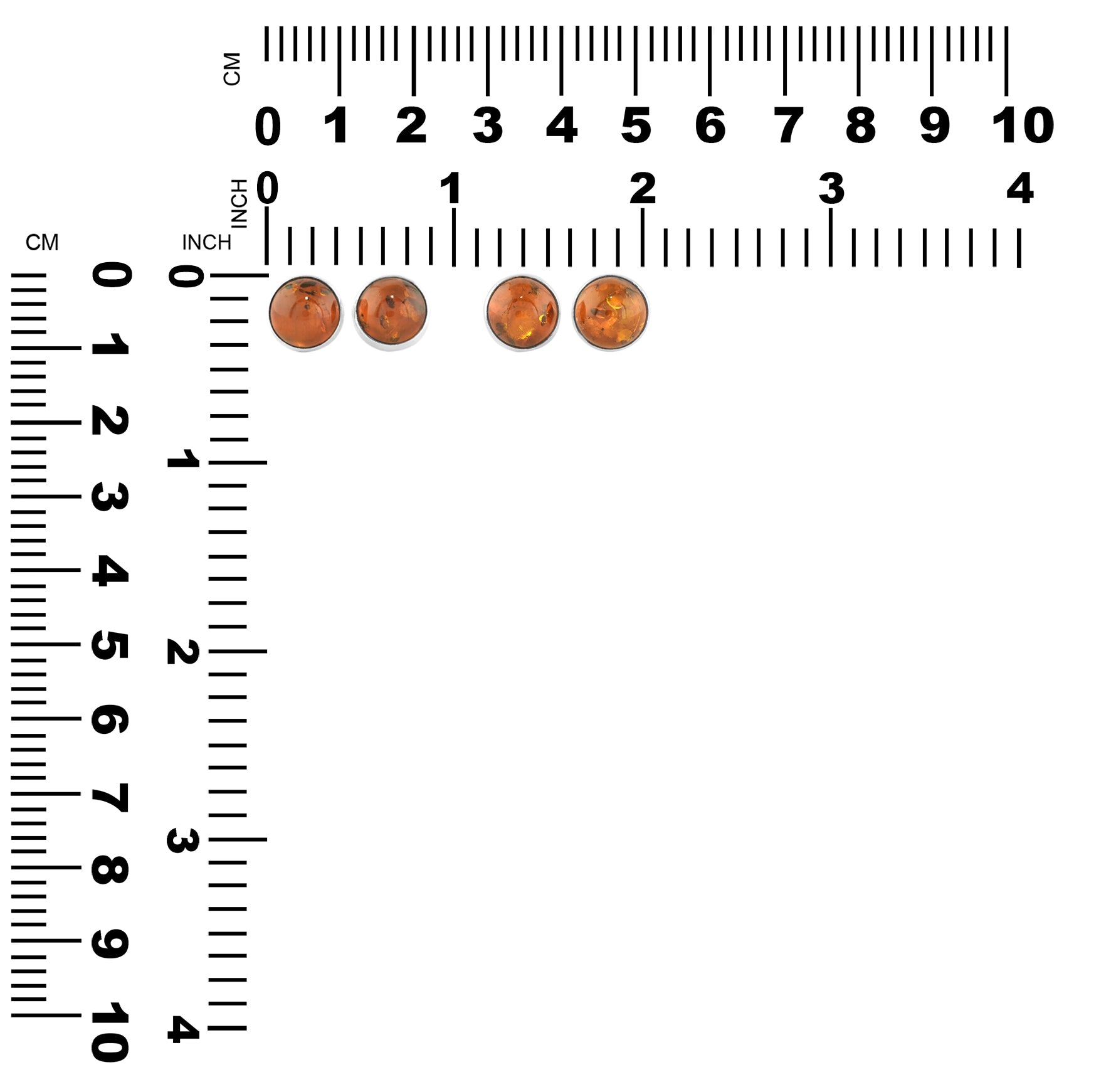 Pair of stud earrings shown beside a measurement chart displaying the dimensions in centimeters and inches.