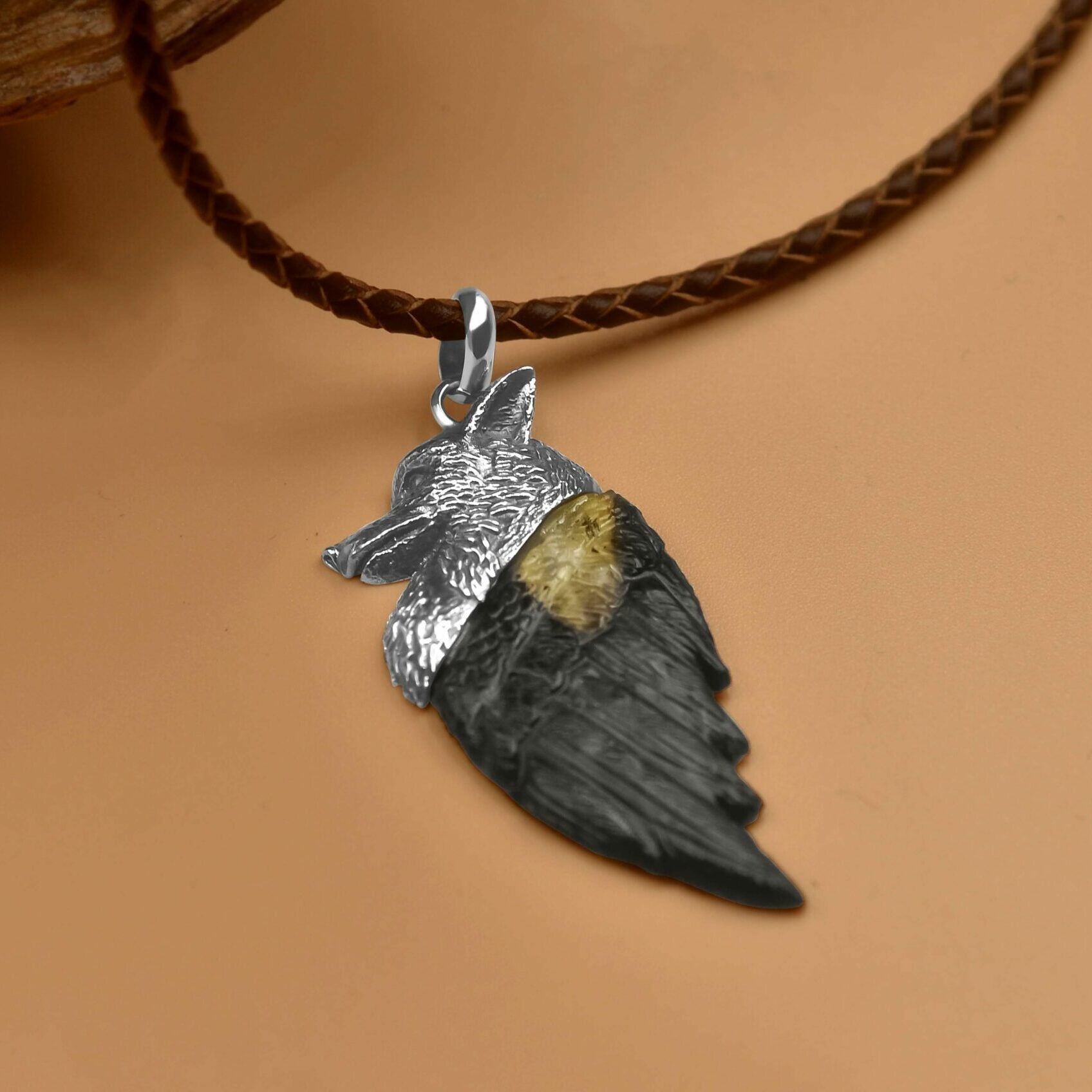 Carved Fossil Palm Wood Winged Wolf Style Pendant