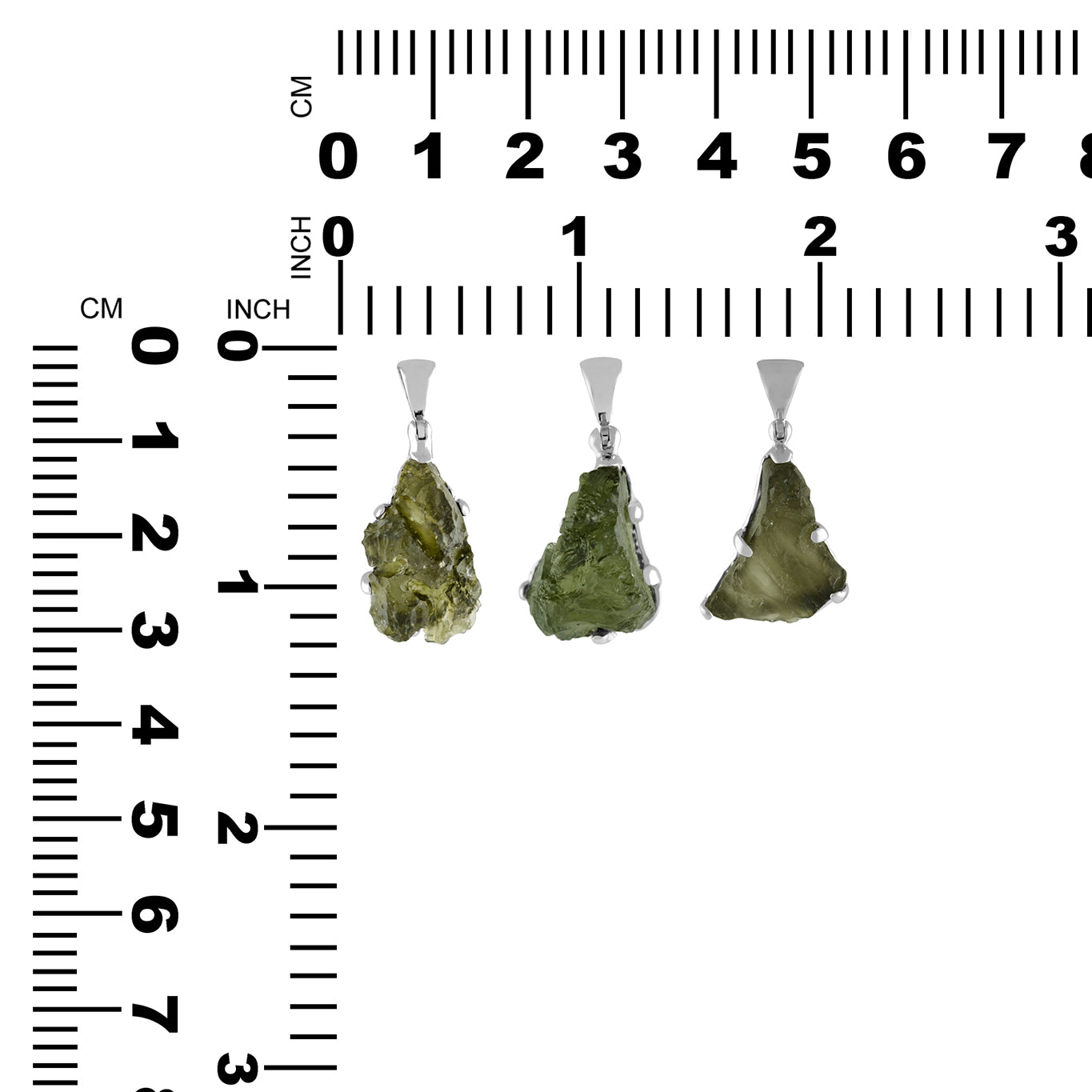 Three Moldavite prong set pendants displayed next to measurement chart showing height and width in inches and centimeters. 