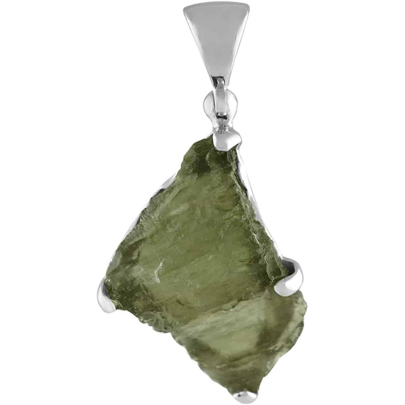 Second alternate front view of a dark green Moldavite prong set pendant in sterling silver showing natural etched surface texture 