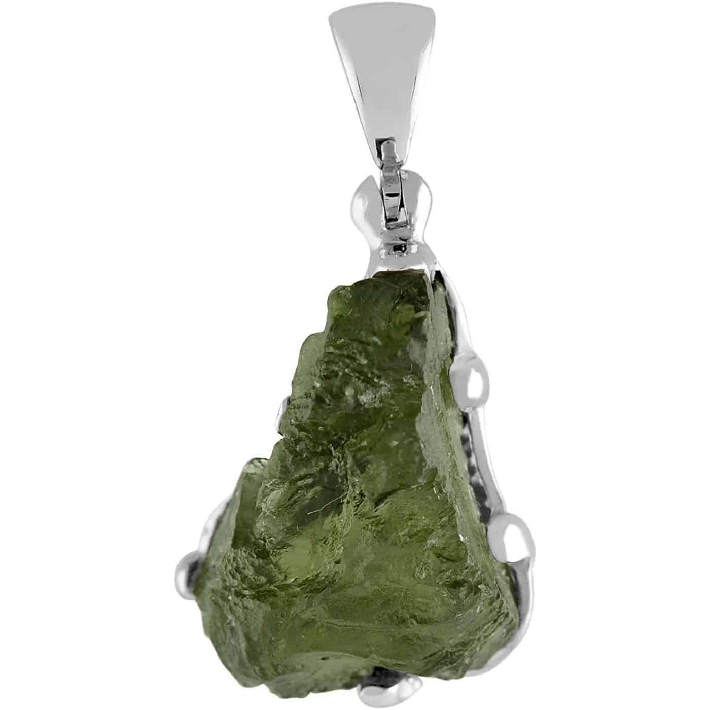 Third alternate front view of a dark green Moldavite prong set pendant in sterling silver showing natural etched surface texture 