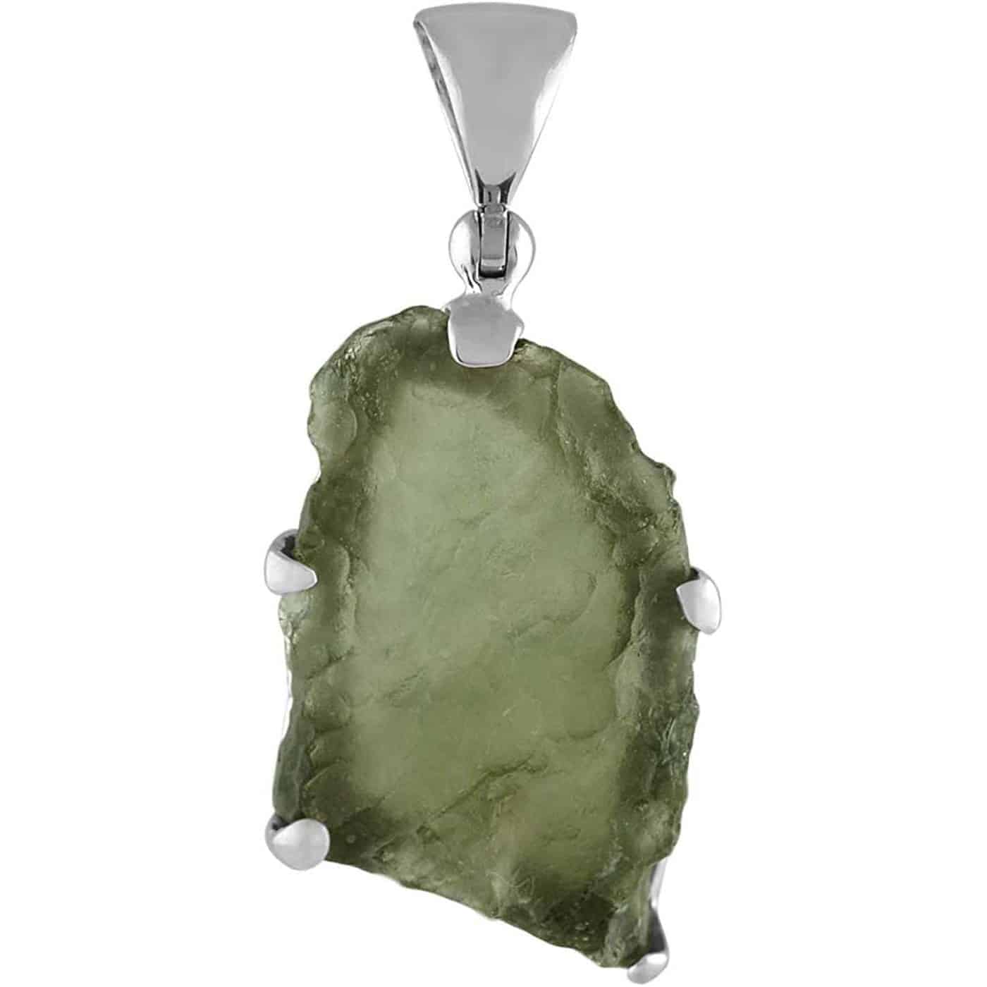 Fifth front view of a dark green Moldavite prong set pendant in sterling silver showing natural etched surface texture 