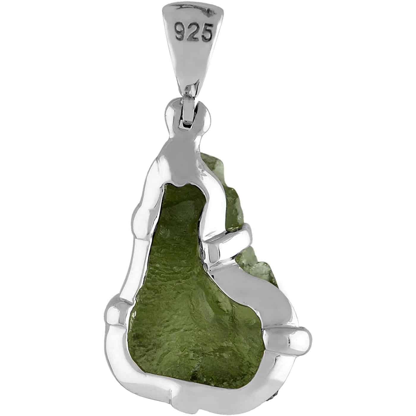 Back view of the moldavite pendant showing the open back setting. 