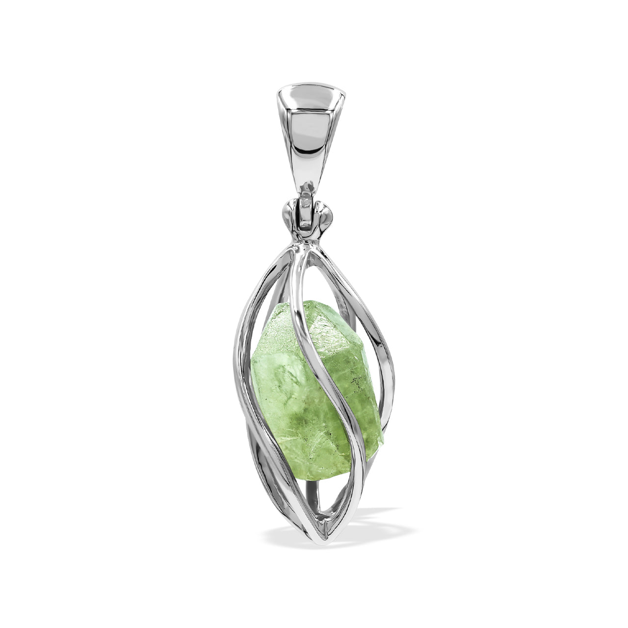 Peridot Crystal Spiral Caged Pendant in Sterling Silver