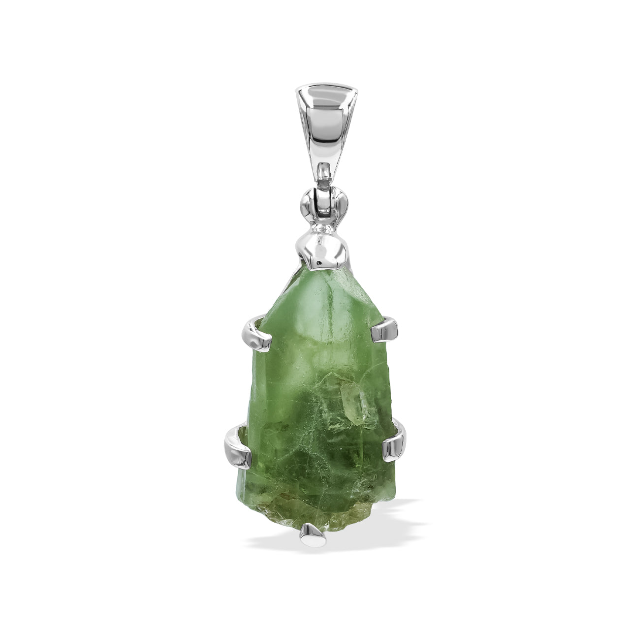 Rough Peridot Crystal Prong Set Pendant in Sterling Silver