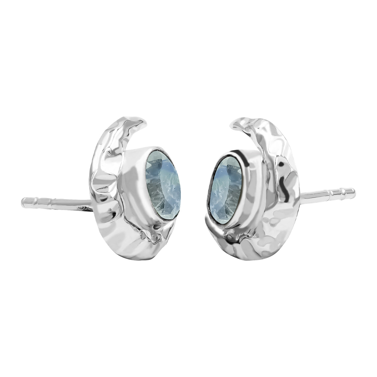 Rainbow Moonstone 6mm oval faceted post style ring with hammered crescent moon accent.