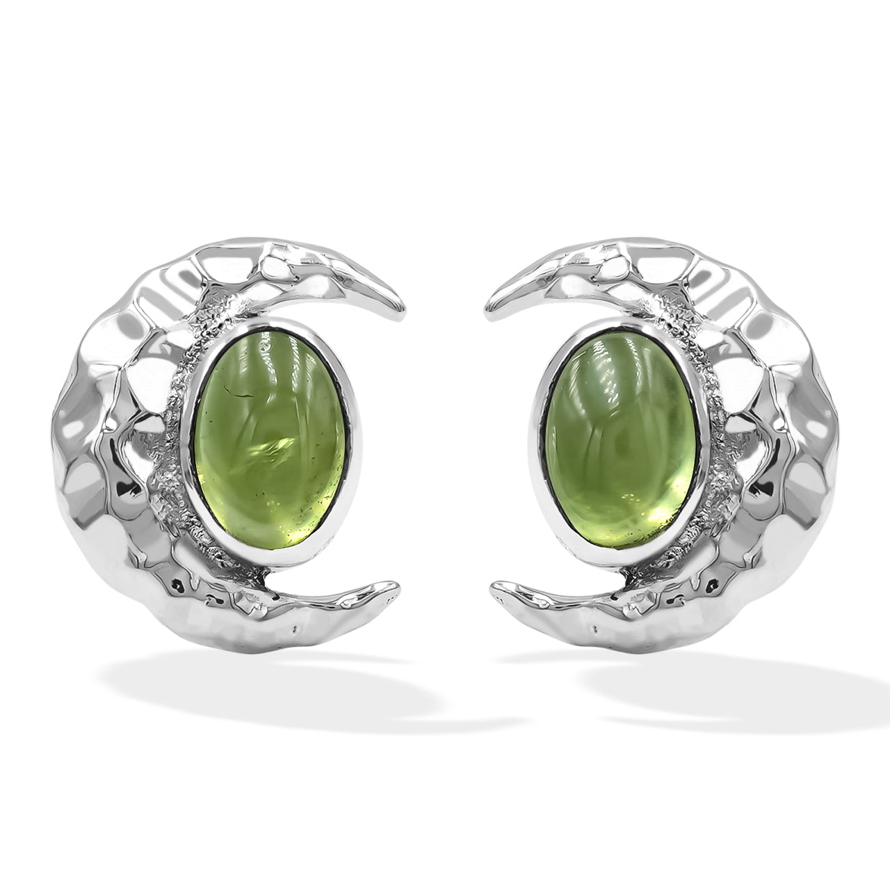 Green Tourmaline 6mm oval cabochon post style ring with hammered crescent moon accent.